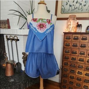 NWOT Upcyled By Reissued Set Chambray Blue Poppy Floral Tank And Shorts Sz Small